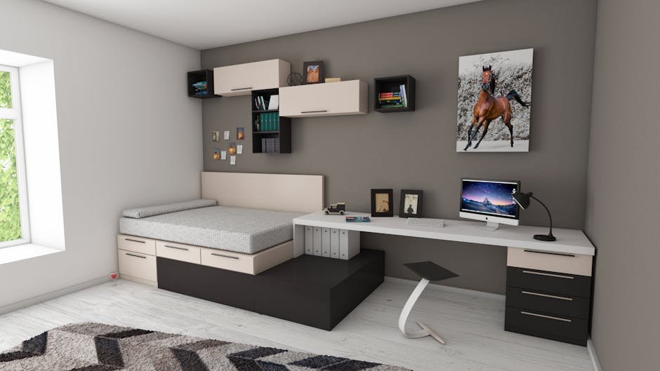 White and Black Desk Beside Bed and Window homestyler